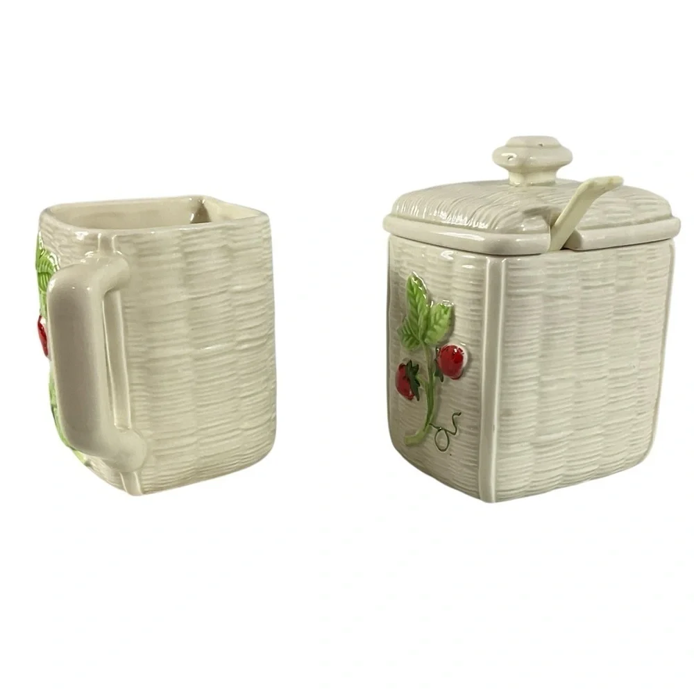 Vintage 1982 Otagiri Japan Strawberry Ceramic Creamer & Sugar Jar Set with Spoon